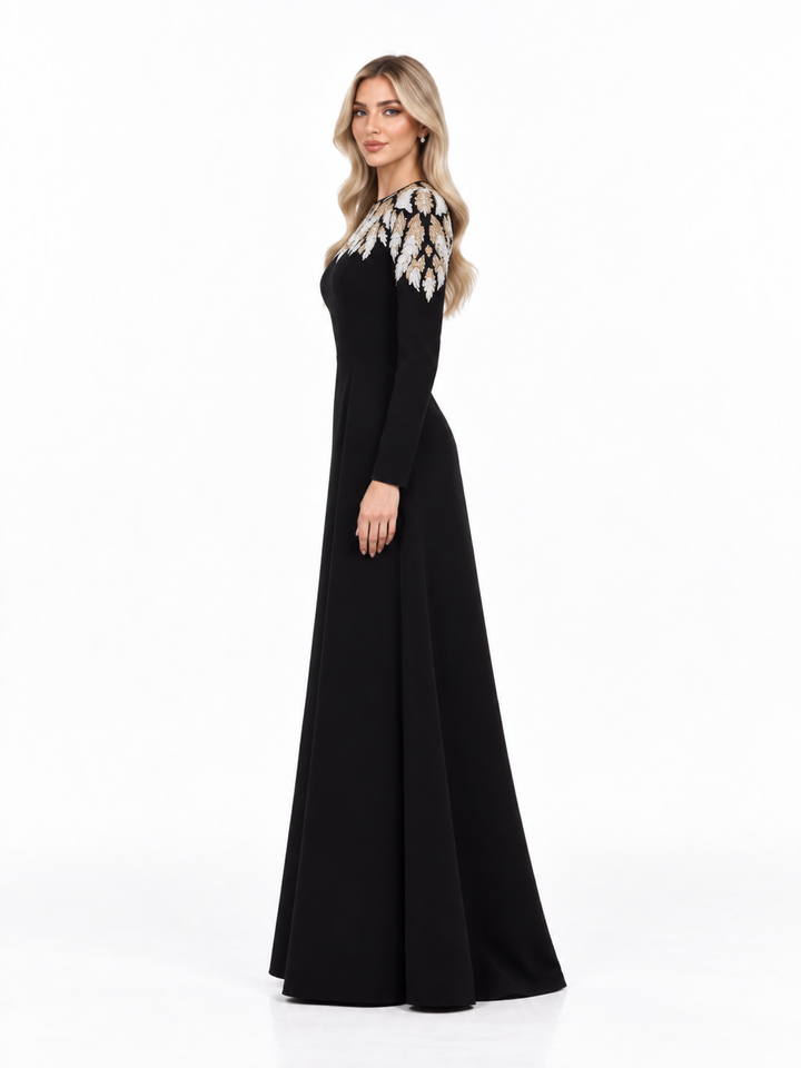 Black Embroidered Crystal-Collar Maxi Evening Gown - Ersaa