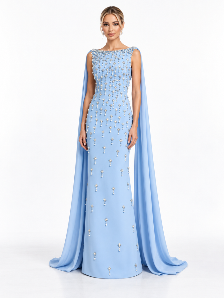 Crystal Embellished Cape Maxi Dress - Celeste