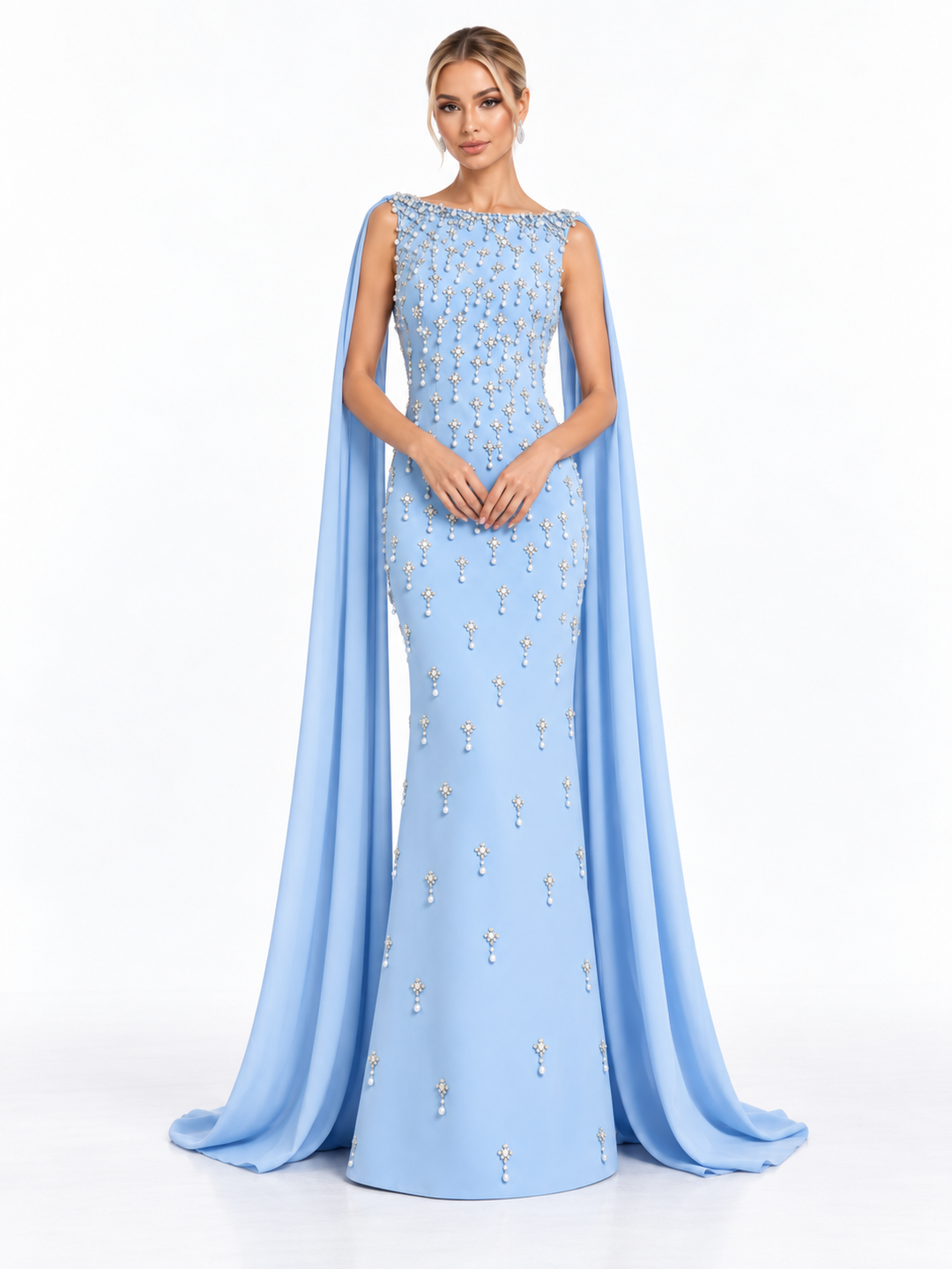Crystal Embellished Cape Maxi Dress - Celeste
