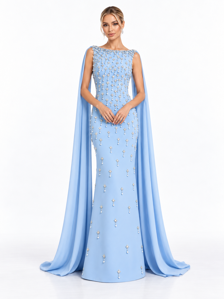 Crystal Embellished Cape Maxi Dress - Celeste