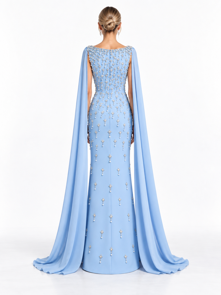 Crystal Embellished Cape Maxi Dress - Celeste