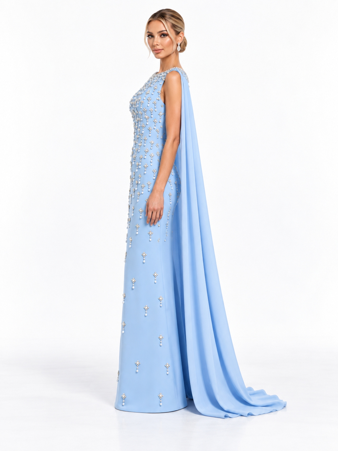 Crystal Embellished Cape Maxi Dress - Celeste