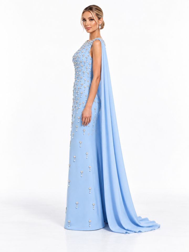 Crystal Embellished Cape Maxi Dress - Celeste