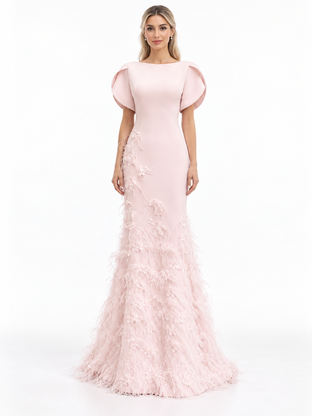 Blush Pink Feather Embellished Mermaid Gown - Gorla