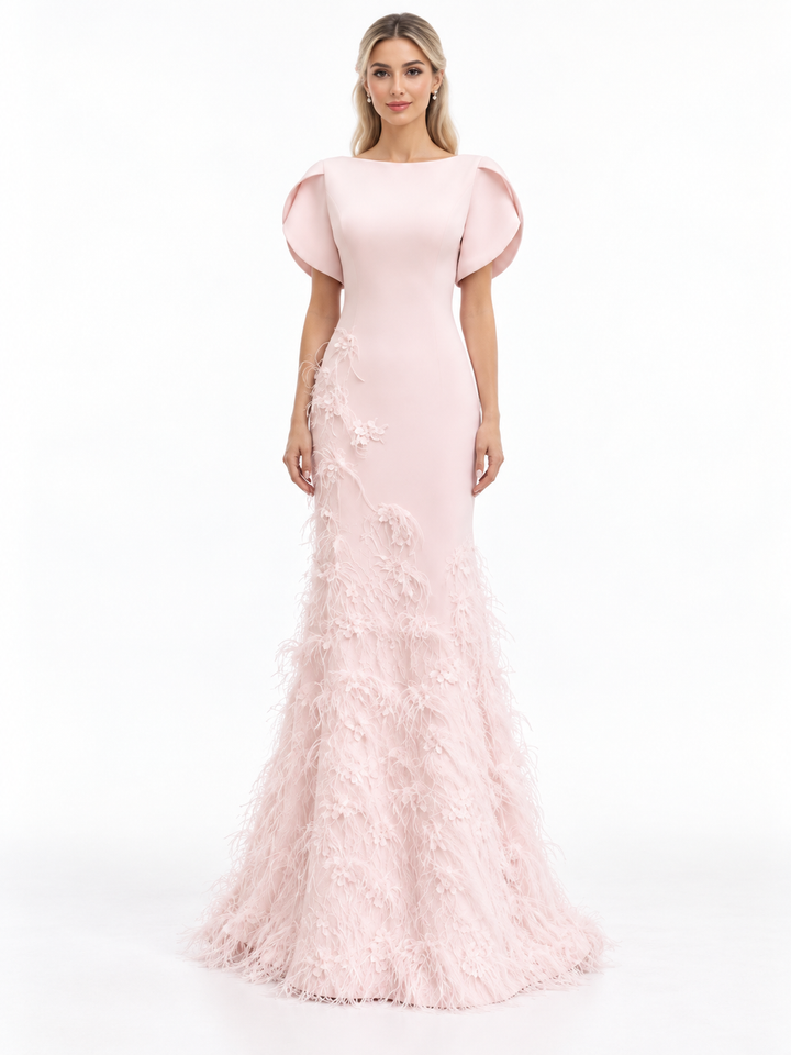 Blush Pink Feather Embellished Mermaid Gown - Gorla