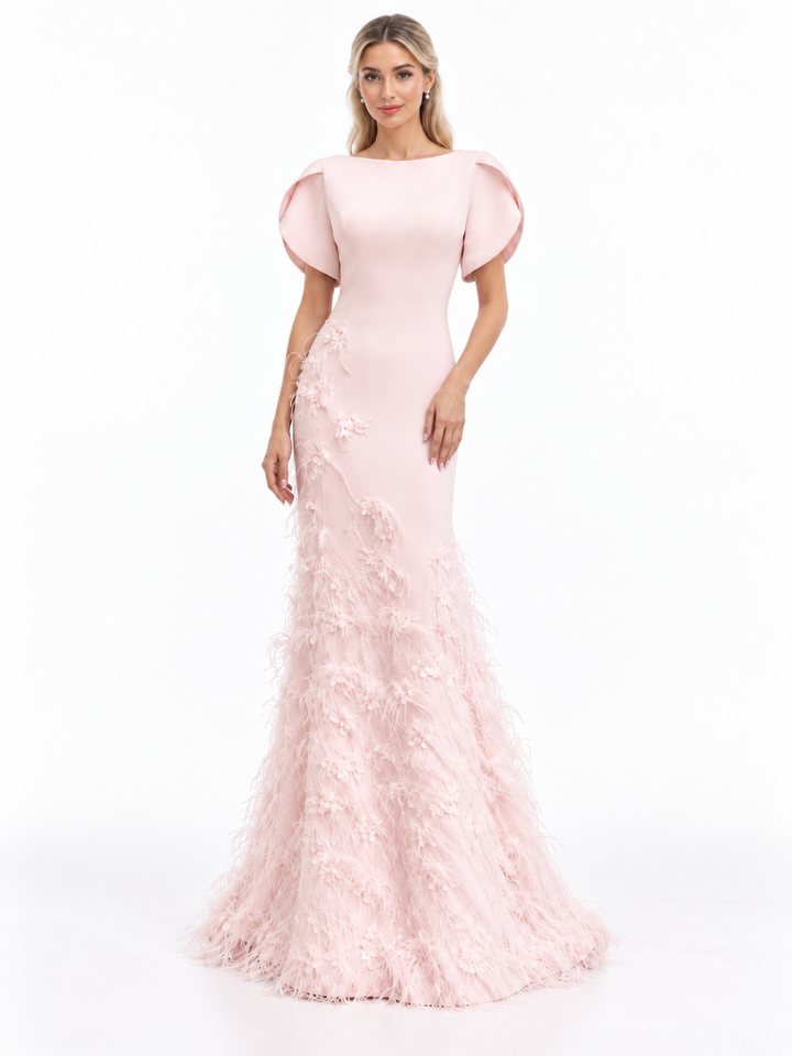 Blush Pink Feather Embellished Mermaid Gown - Gorla