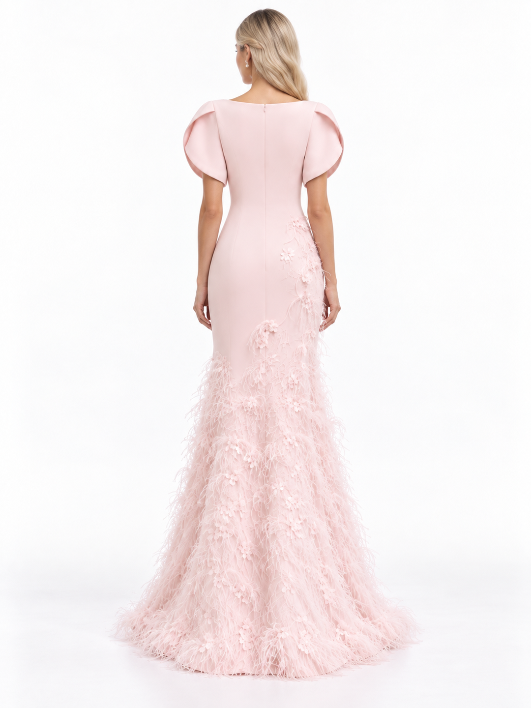 Blush Pink Feather Embellished Mermaid Gown - Gorla