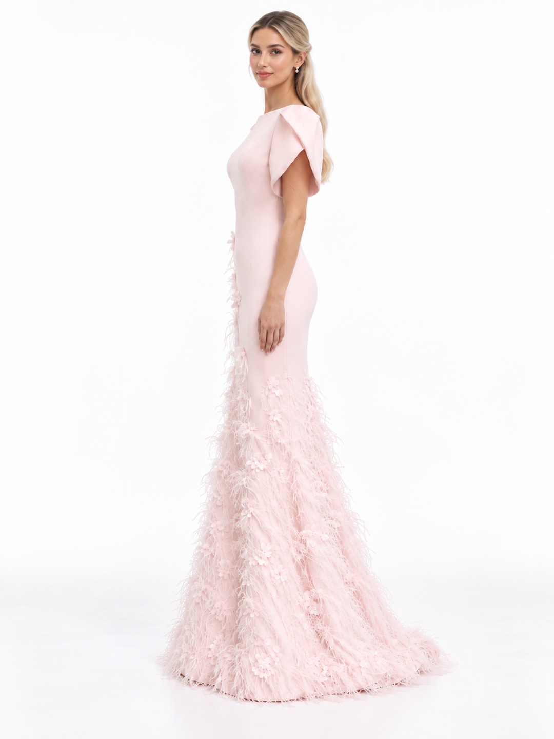 Blush Pink Feather Embellished Mermaid Gown - Gorla