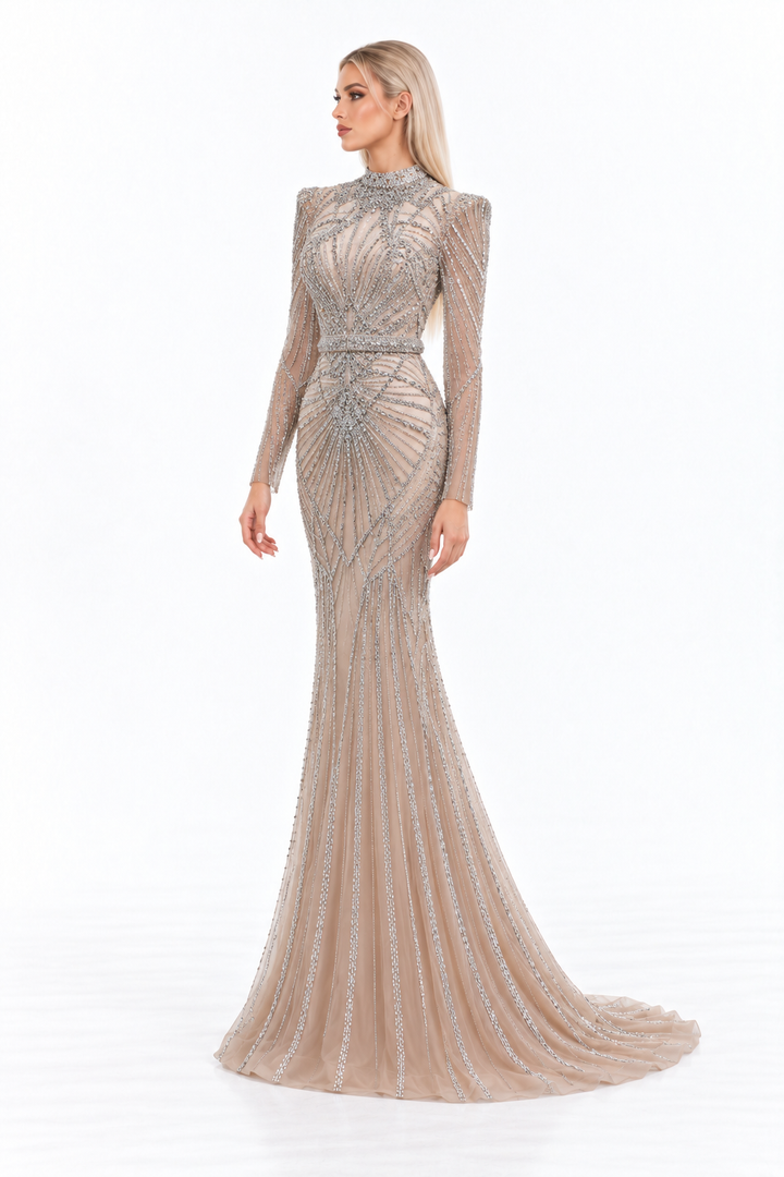 Crystal Embellished High Neck Mermaid Maxi Dress - Alessandra