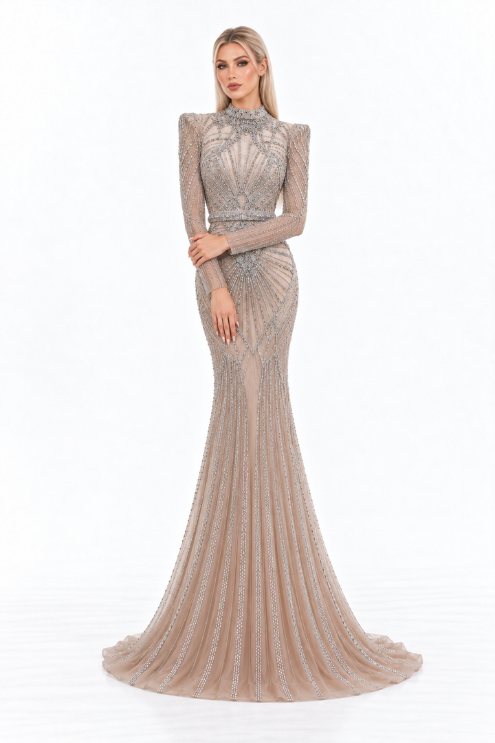 Crystal Embellished High Neck Mermaid Maxi Dress - Alessandra