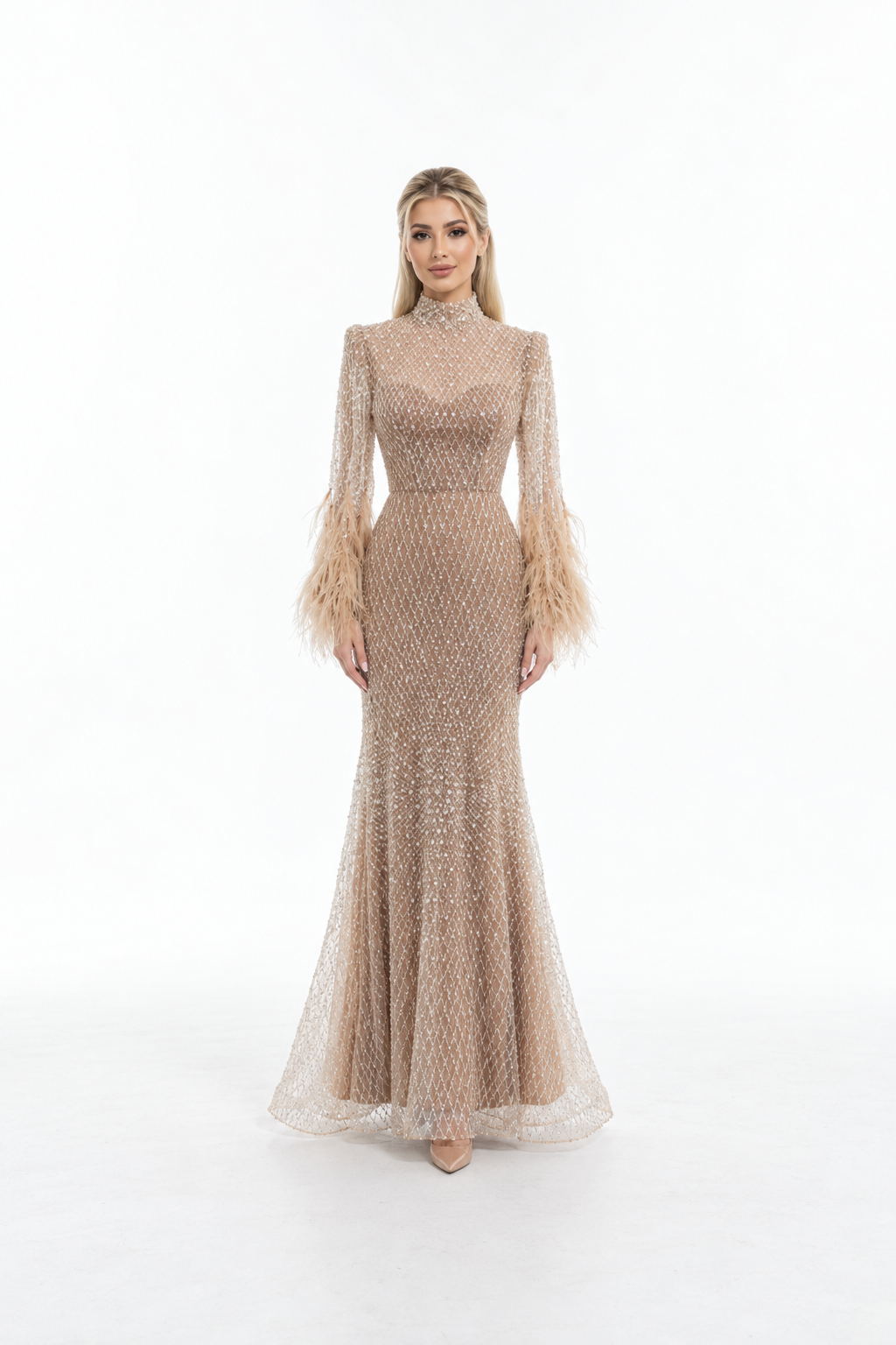 Crystal Feather Sleeve Mermaid Maxi Dress - Celestia