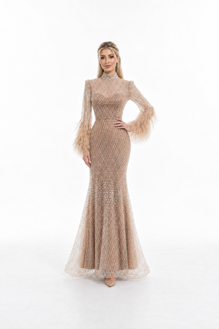 Crystal Feather Sleeve Mermaid Maxi Dress - Celestia