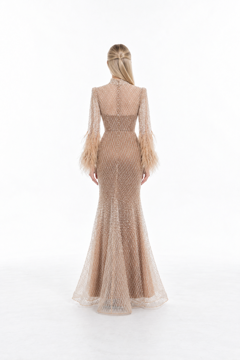 Crystal Feather Sleeve Mermaid Maxi Dress - Celestia