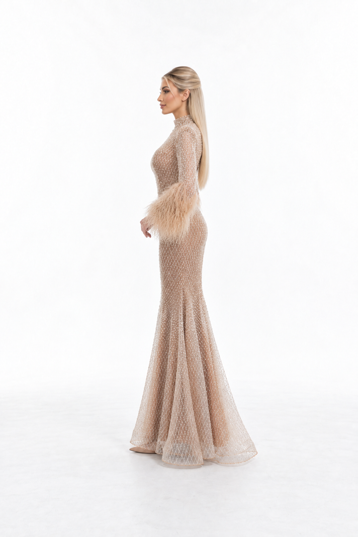 Crystal Feather Sleeve Mermaid Maxi Dress - Celestia