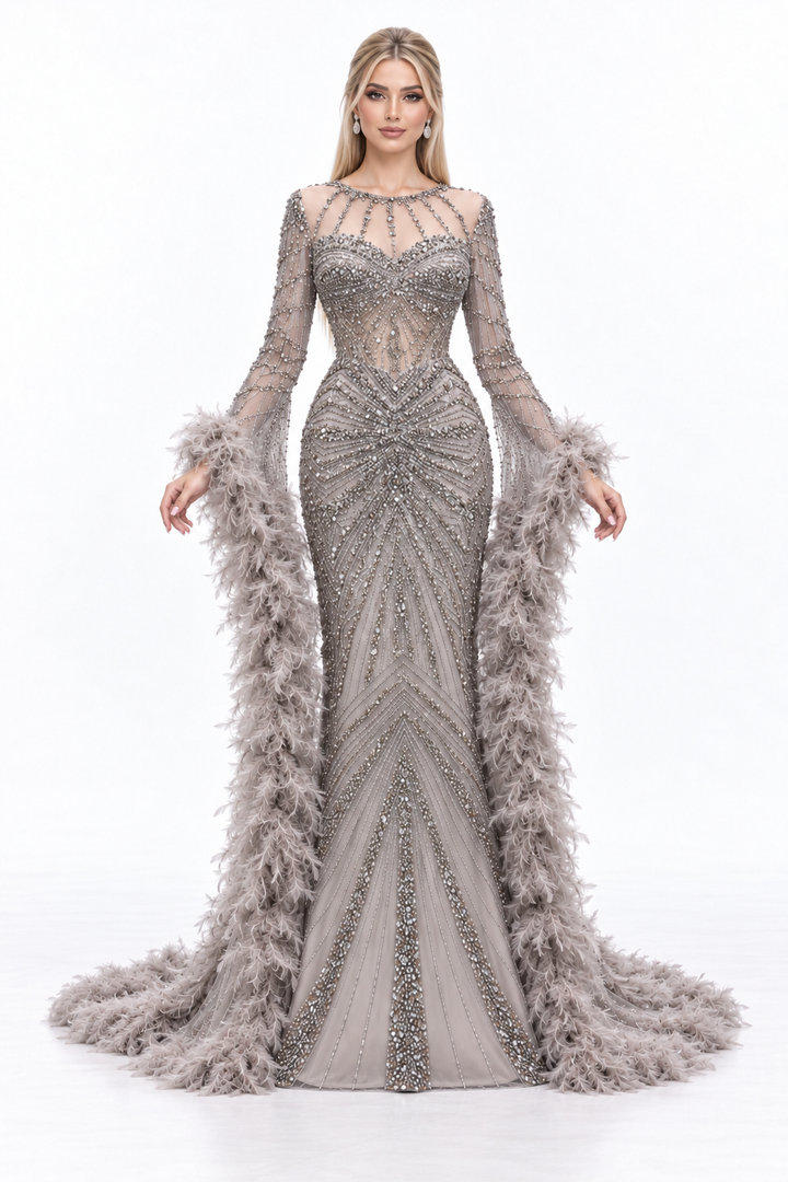 Feather Embellished Mermaid Maxi Dress - Liliana