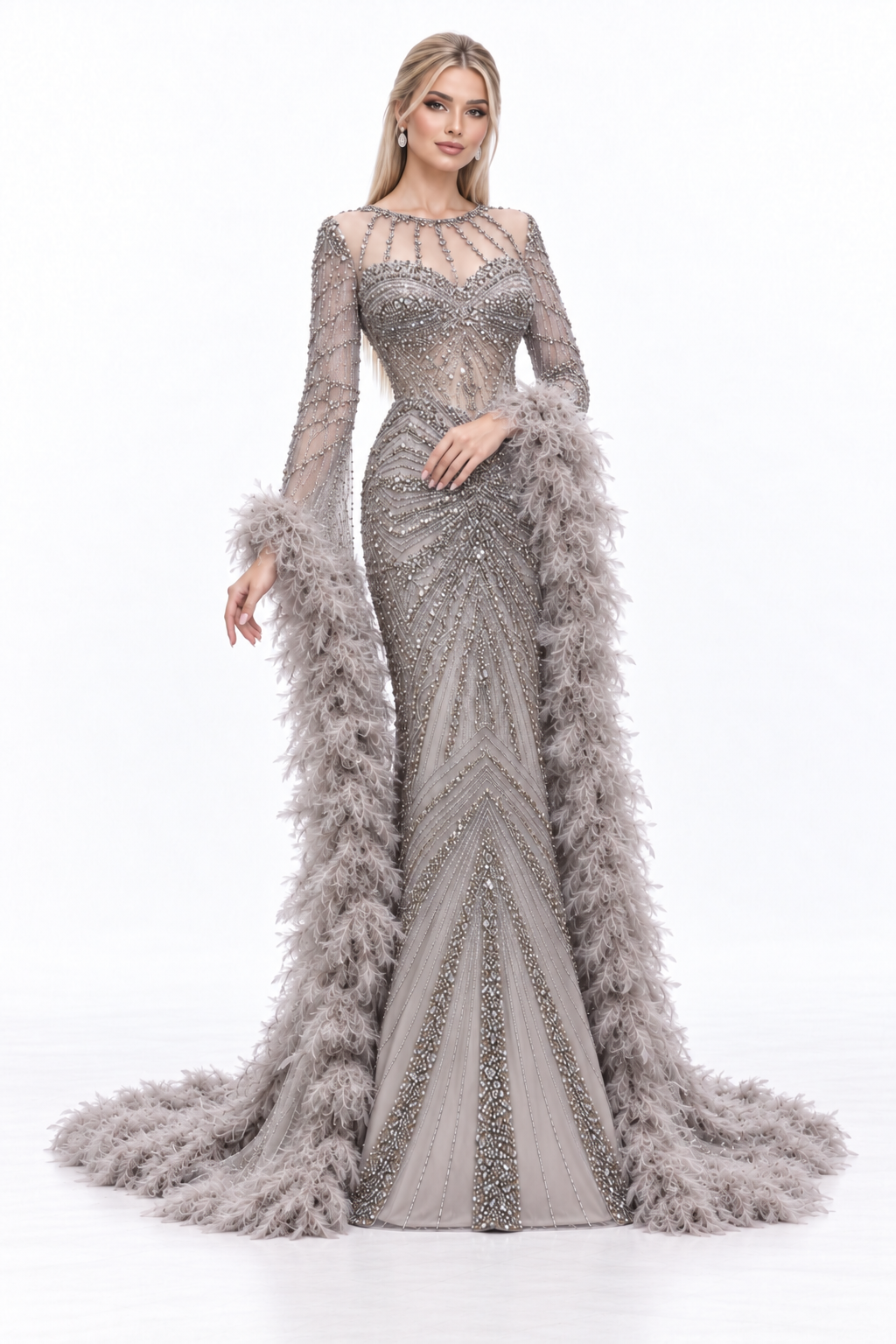 Feather Embellished Mermaid Maxi Dress - Liliana