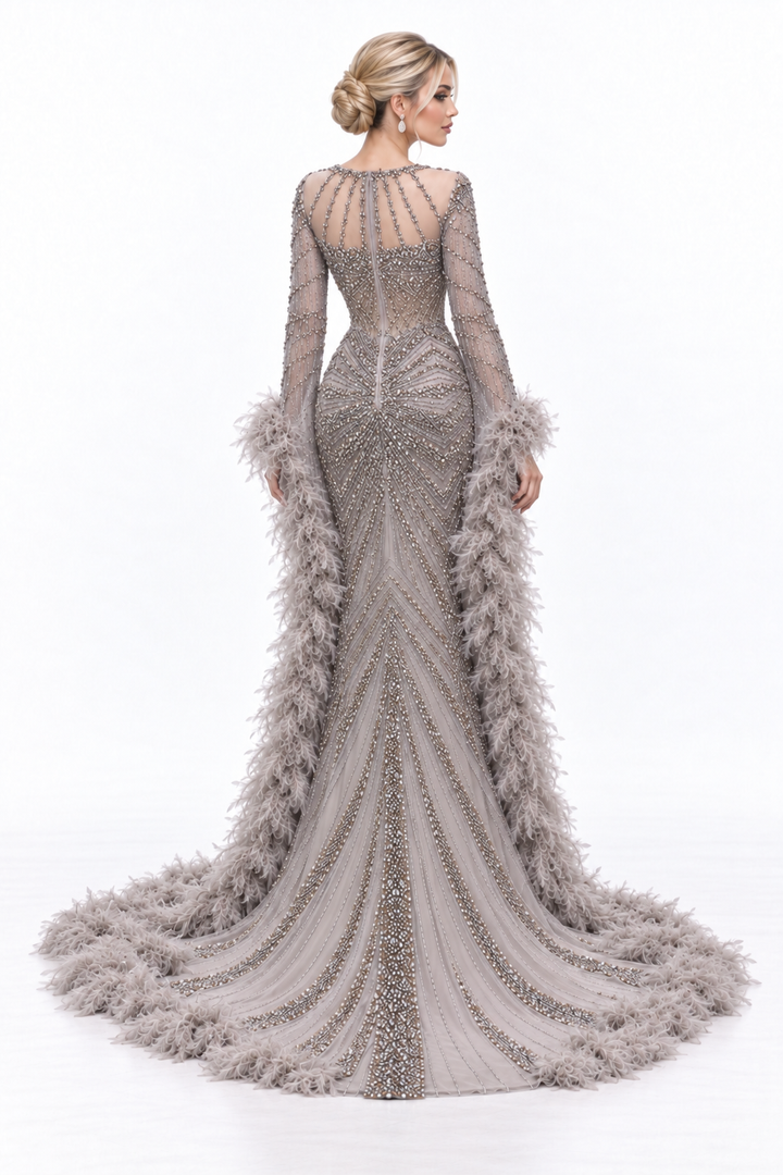 Feather Embellished Mermaid Maxi Dress - Liliana