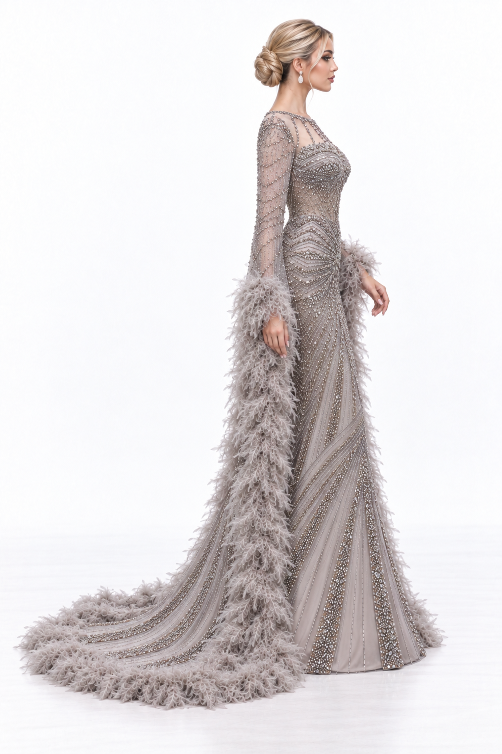 Feather Embellished Mermaid Maxi Dress - Liliana
