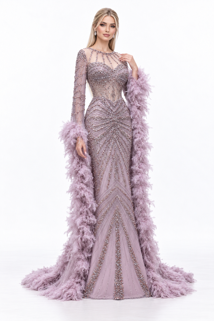 Feather Embellished Mermaid Maxi Dress - Liliana