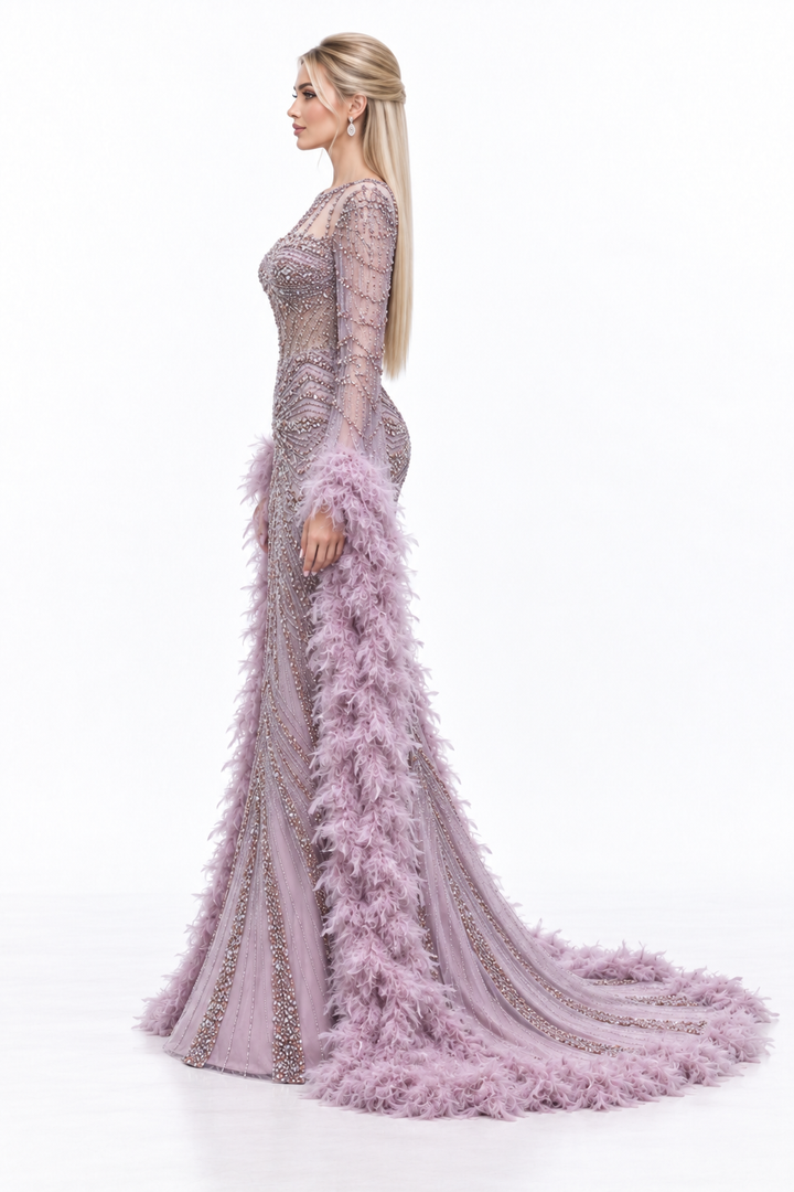 Feather Embellished Mermaid Maxi Dress - Liliana