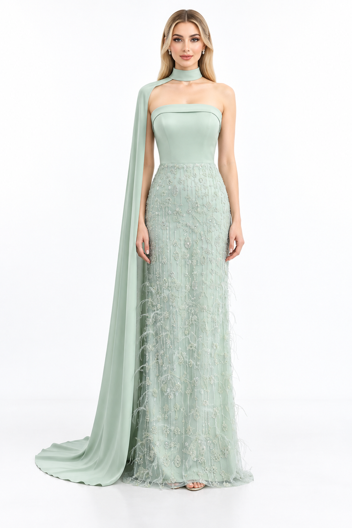 Embellished Cape Column Maxi Dress - Carmella