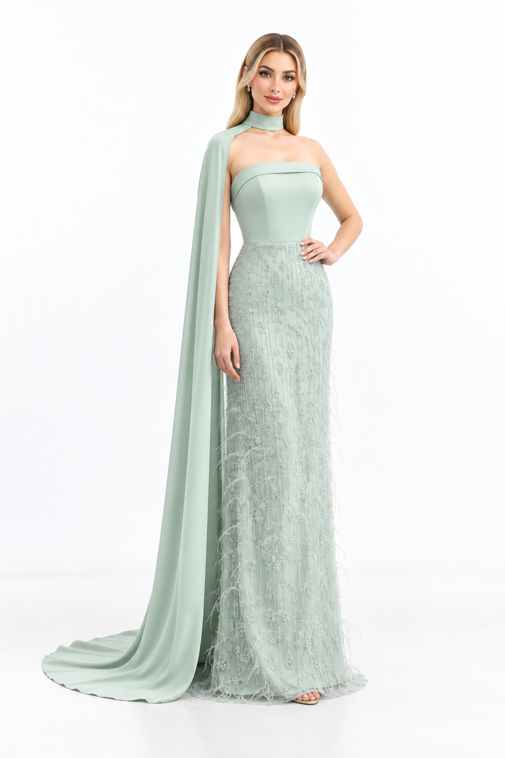 Embellished Cape Column Maxi Dress - Carmella