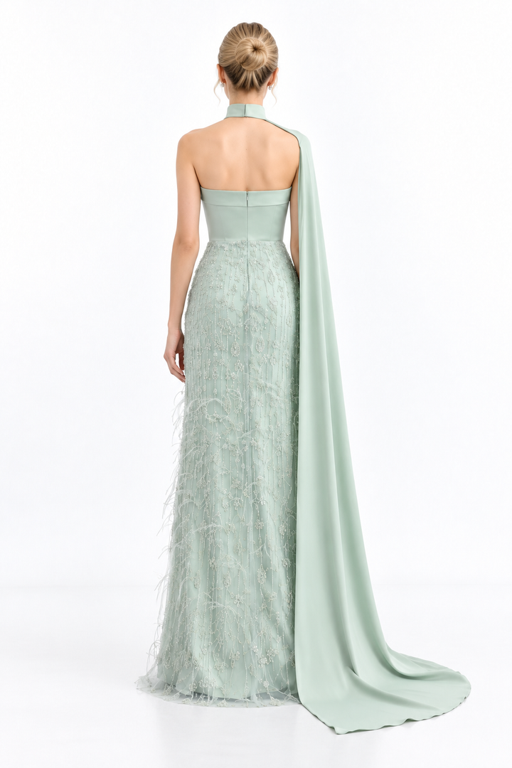 Embellished Cape Column Maxi Dress - Carmella