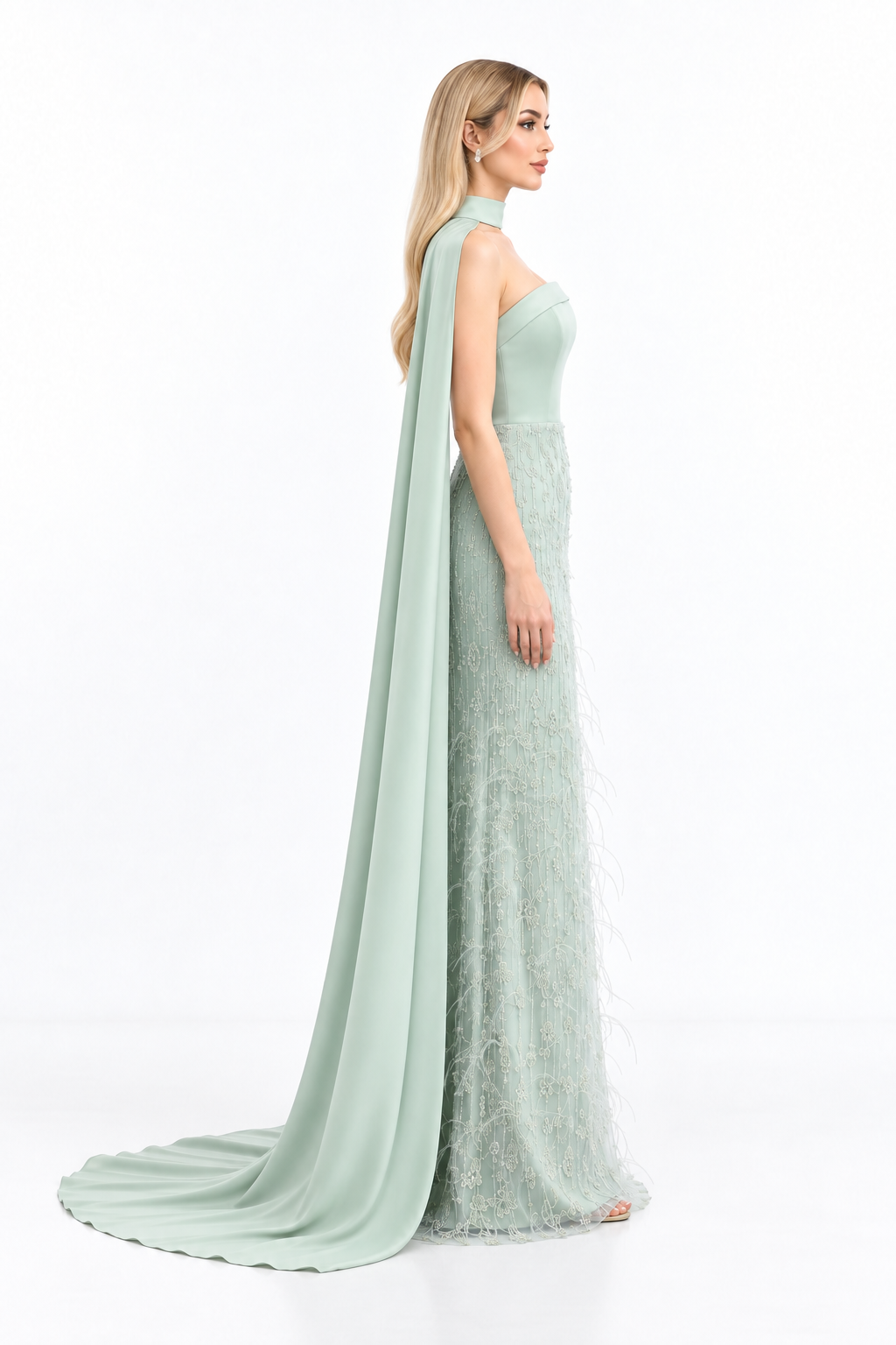 Embellished Cape Column Maxi Dress - Carmella
