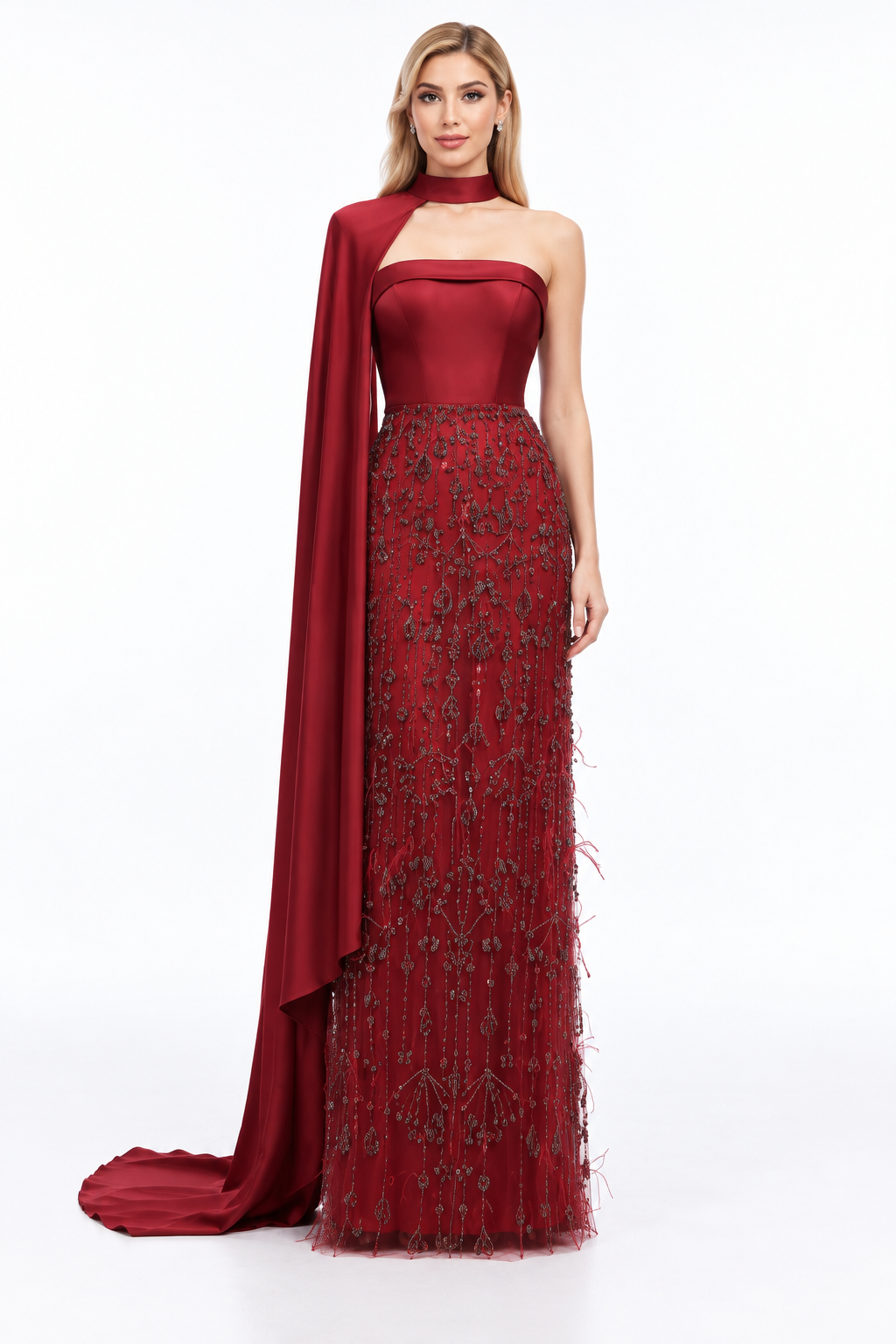 Embellished Cape Column Maxi Dress - Carmella