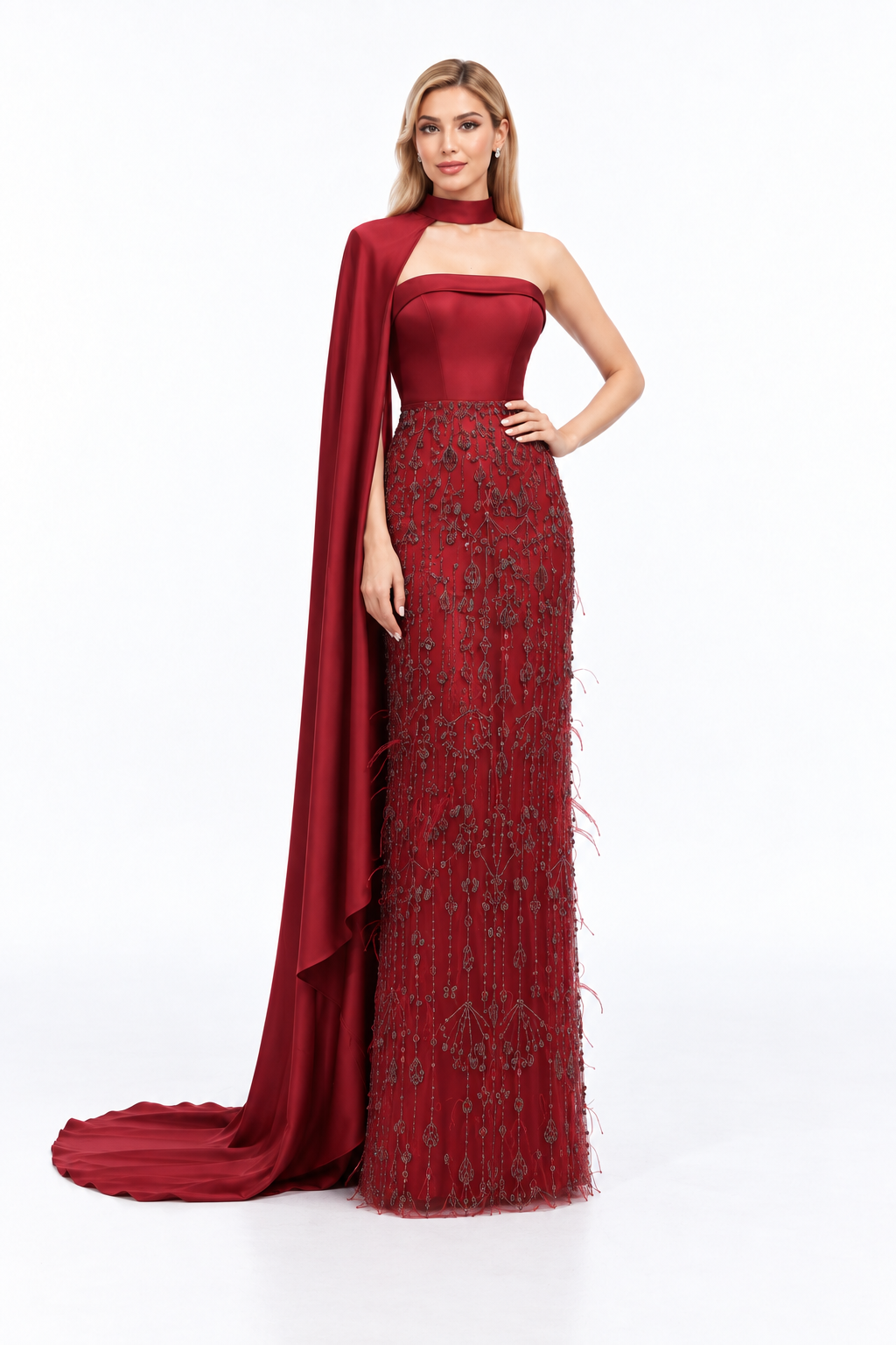 Embellished Cape Column Maxi Dress - Carmella