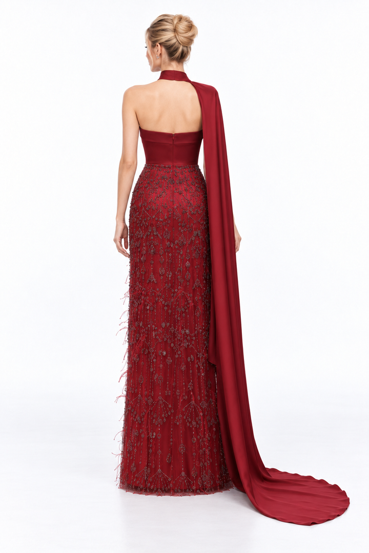 Embellished Cape Column Maxi Dress - Carmella