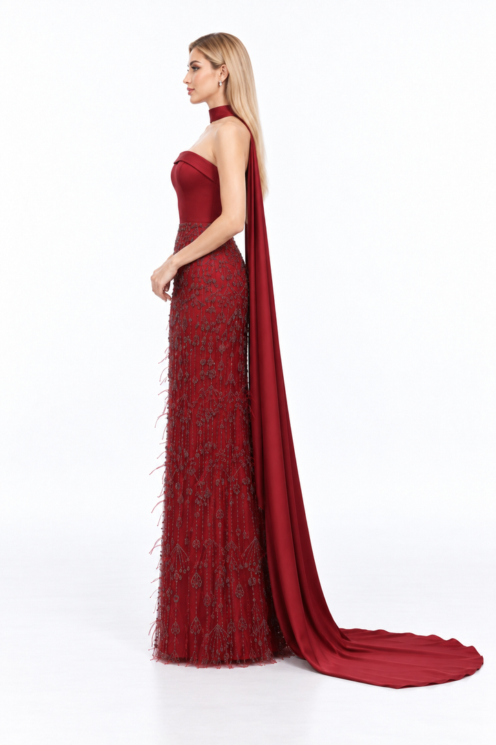 Embellished Cape Column Maxi Dress - Carmella