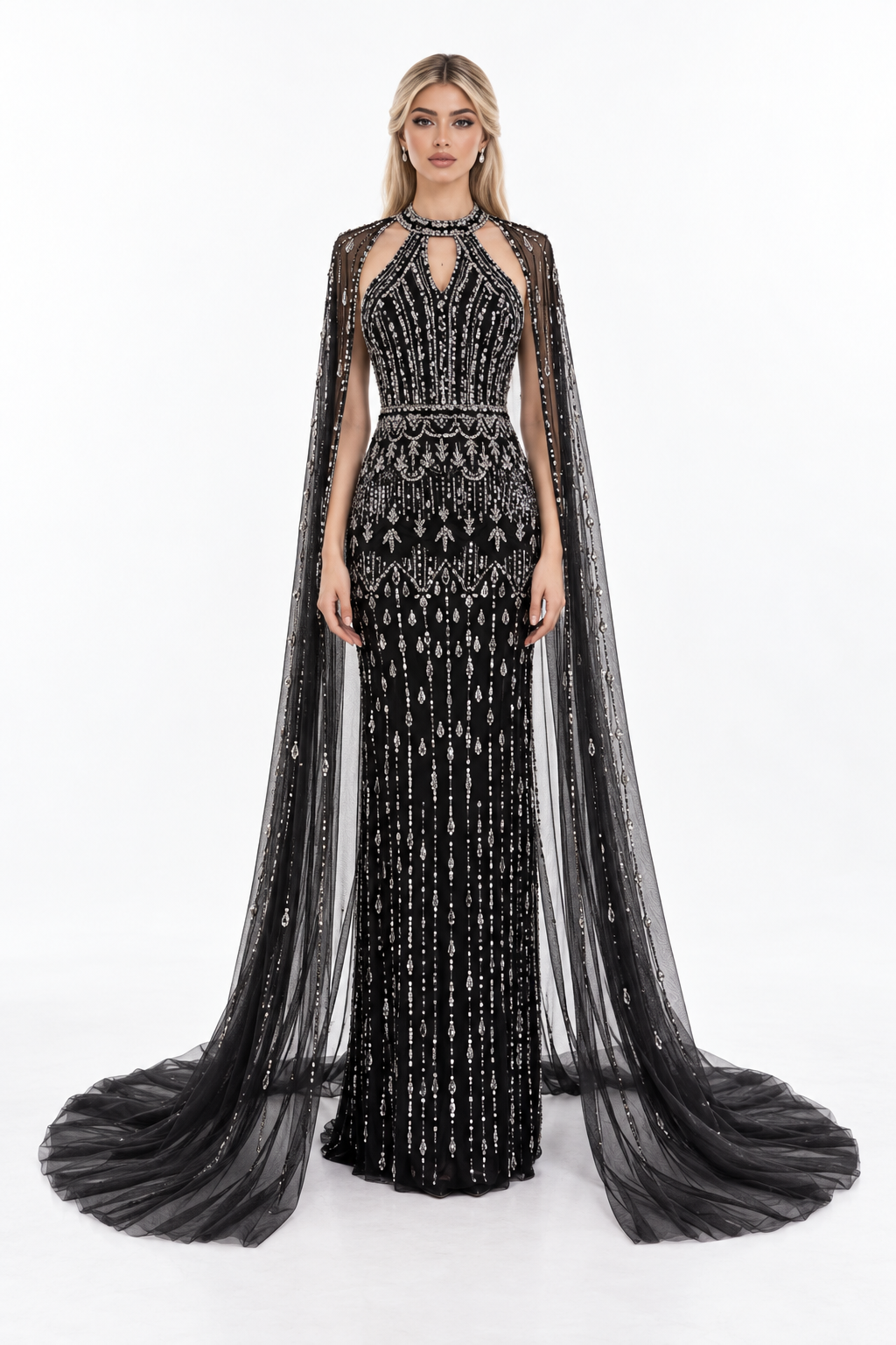 Embellished Cape Mermaid Maxi Dress - Noctavia