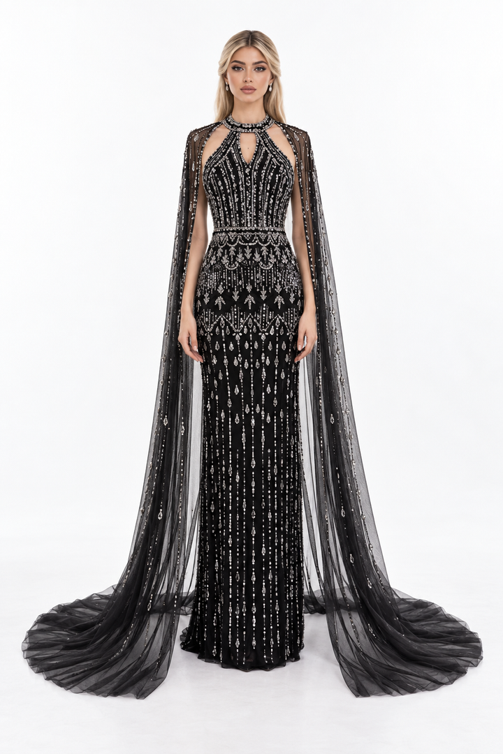 Embellished Cape Mermaid Maxi Dress - Noctavia