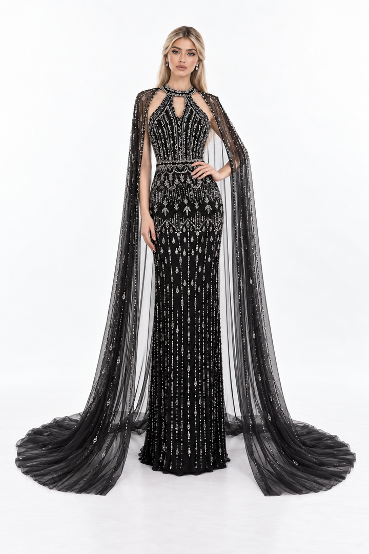 Embellished Cape Mermaid Maxi Dress - Noctavia