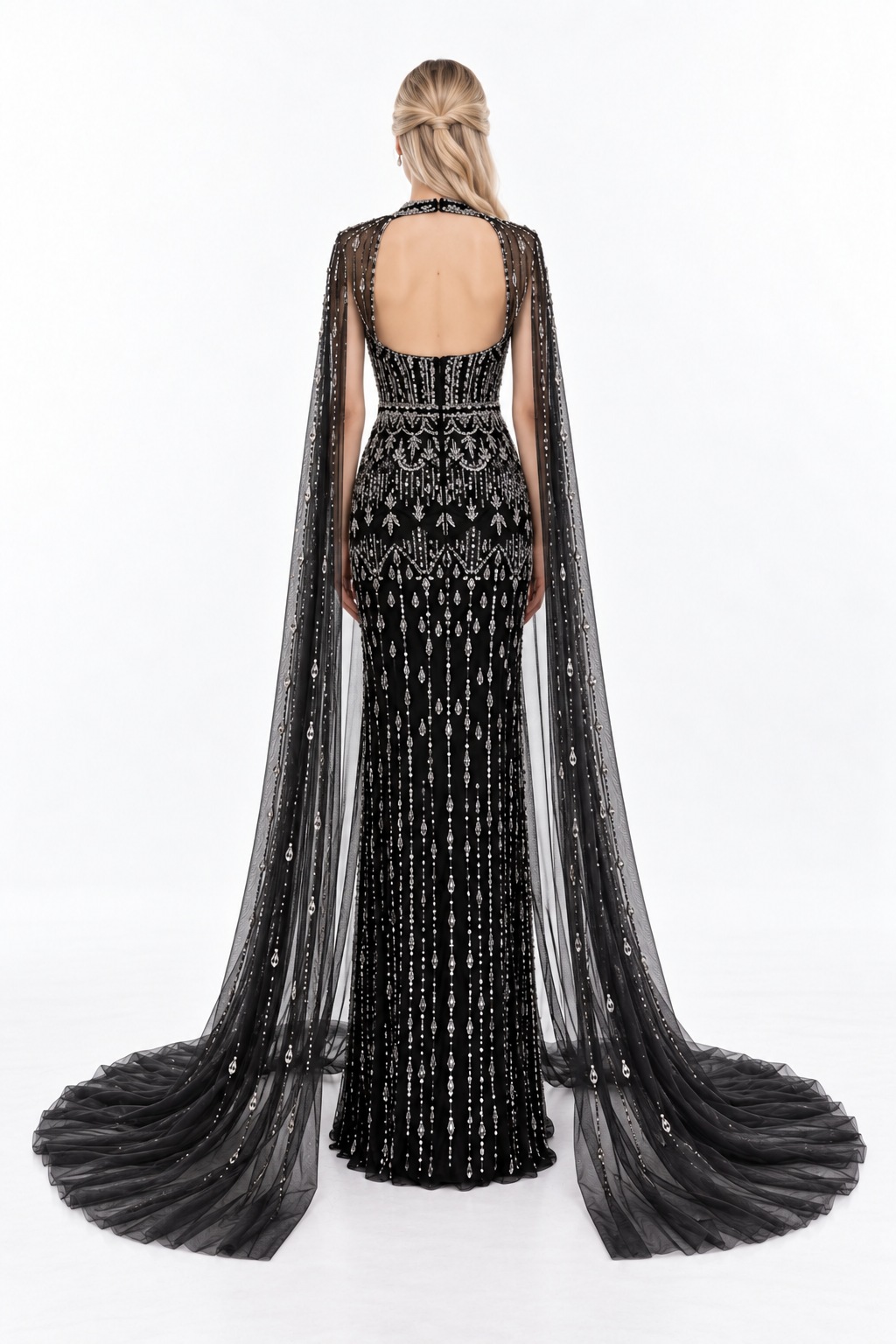 Embellished Cape Mermaid Maxi Dress - Noctavia