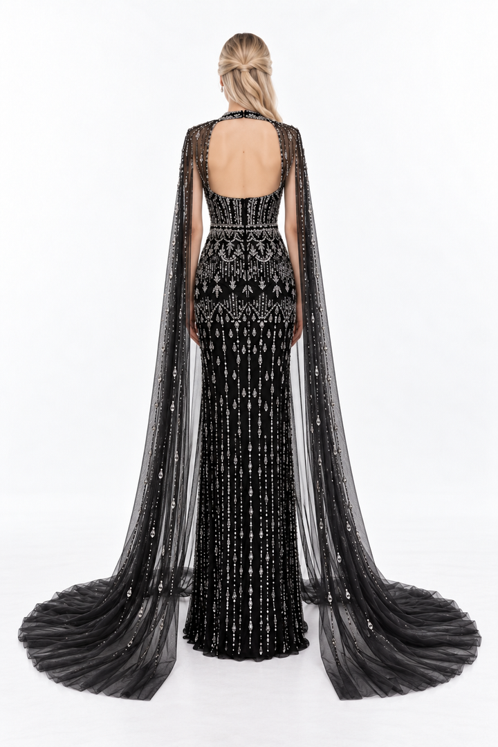 Embellished Cape Mermaid Maxi Dress - Noctavia