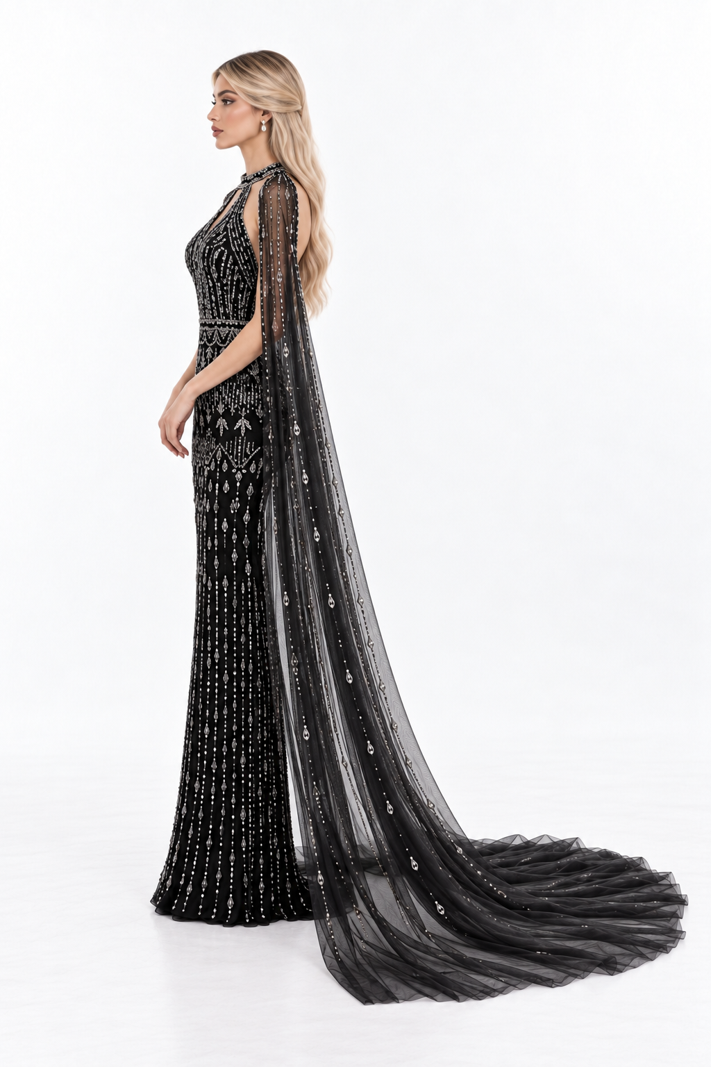 Embellished Cape Mermaid Maxi Dress - Noctavia