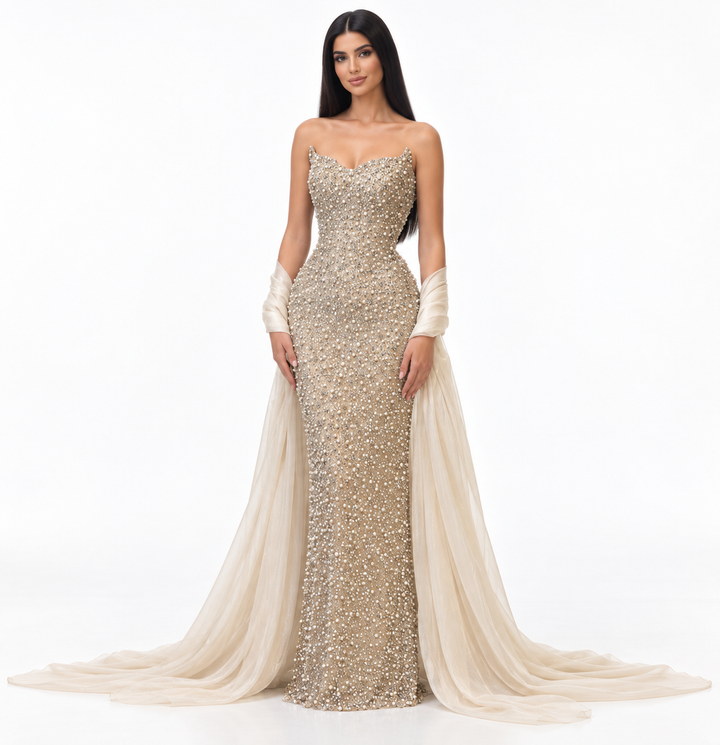 Embellished Draped Mermaid Maxi Dress - Valeria