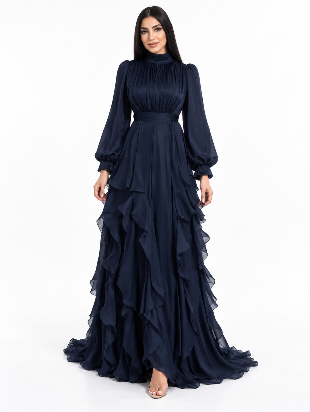 Ruffled High Neck Chiffon Maxi Dress - Evelina