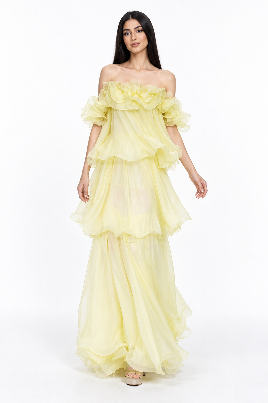 Ruffled Off Shoulder Chiffon Maxi Dress - Limonella