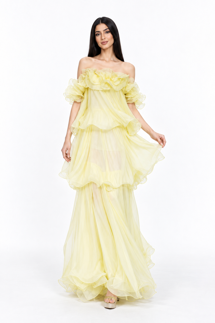 Ruffled Off Shoulder Chiffon Maxi Dress - Limonella