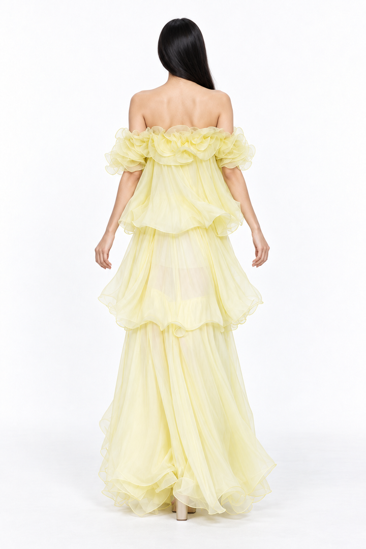 Ruffled Off Shoulder Chiffon Maxi Dress - Limonella