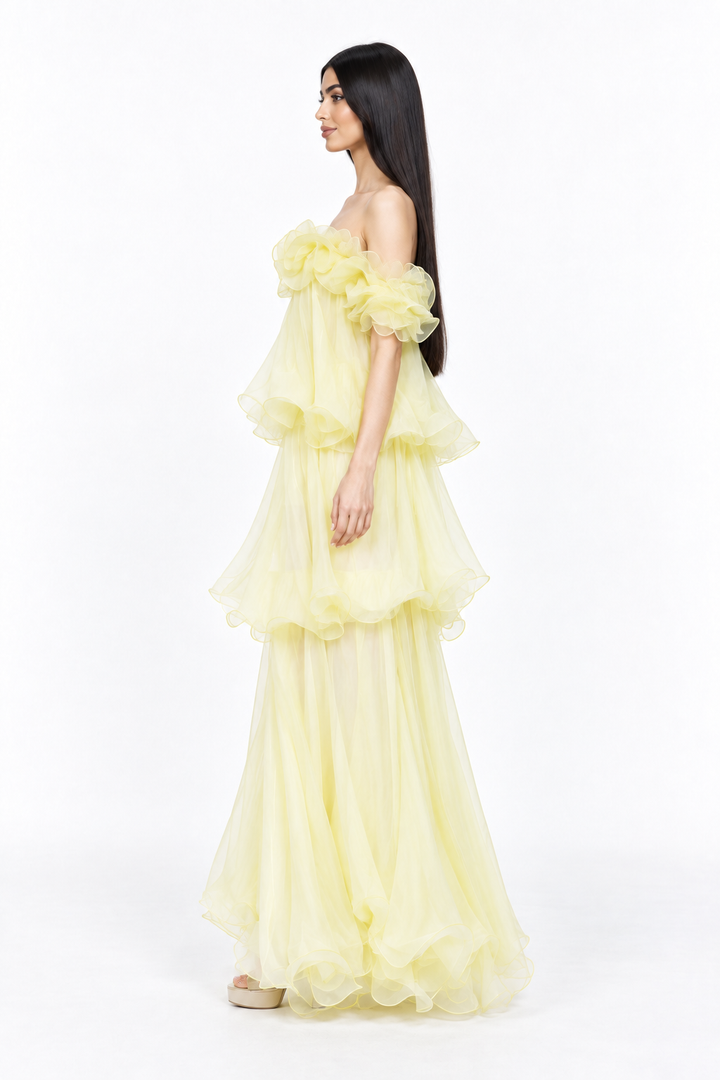 Ruffled Off Shoulder Chiffon Maxi Dress - Limonella