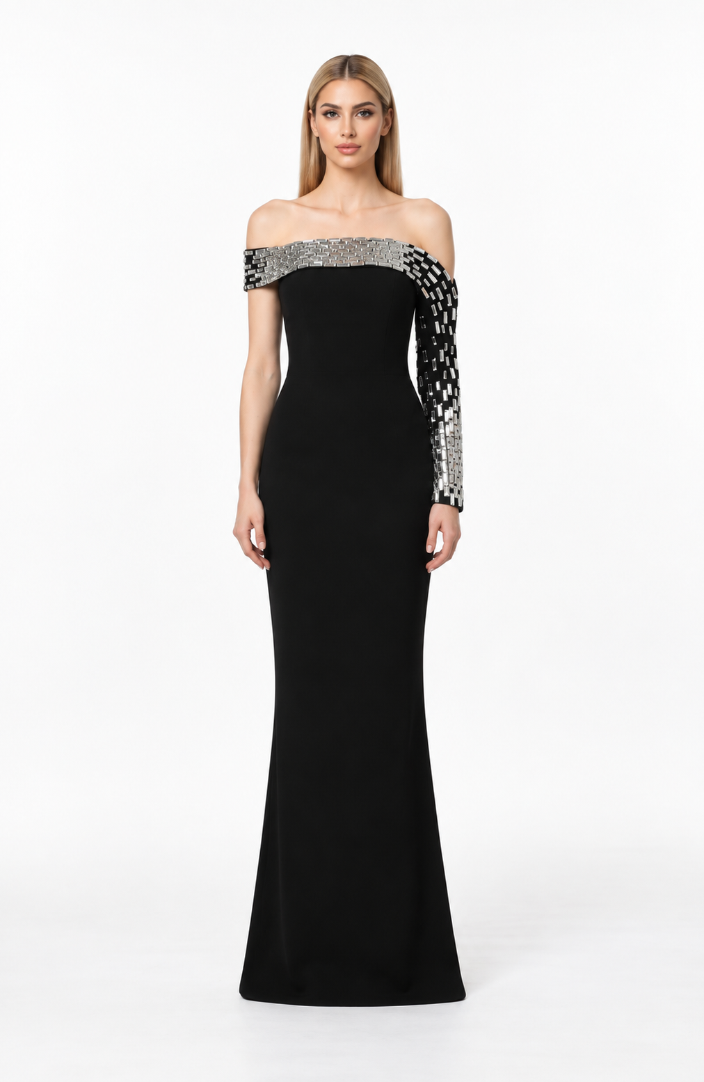 Embellished Off Shoulder Column Maxi Dress - Valencia