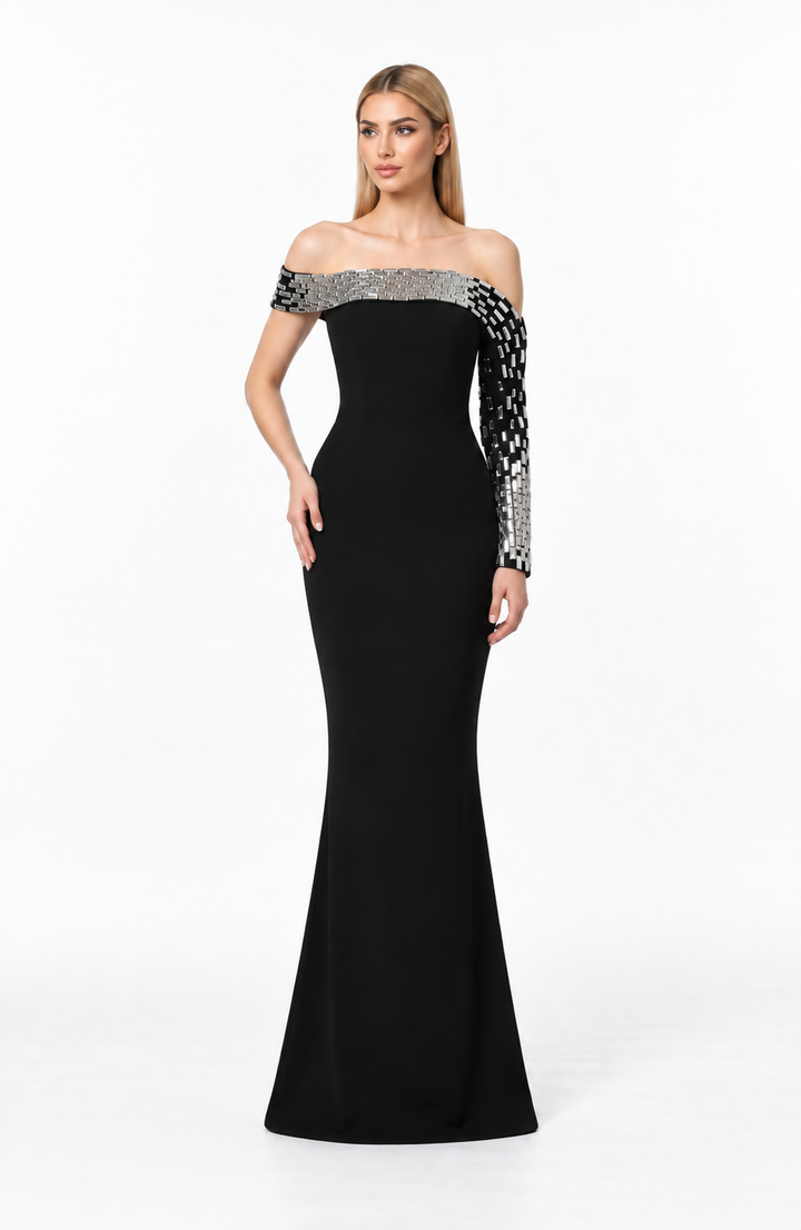 Embellished Off Shoulder Column Maxi Dress - Valencia