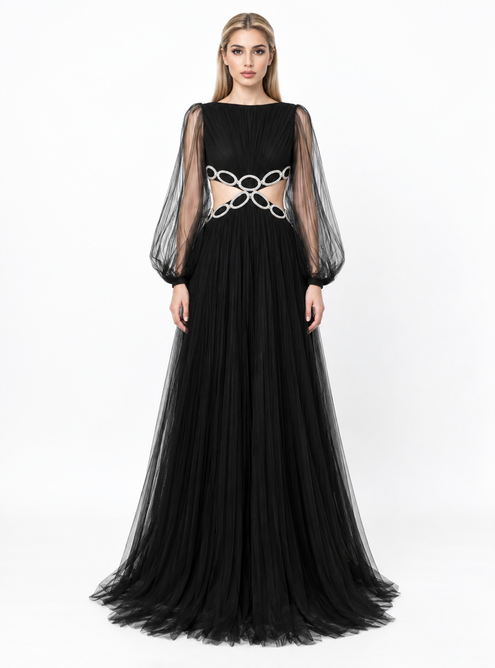 Embellished Cutout Tulle Maxi Dress - Noirelle