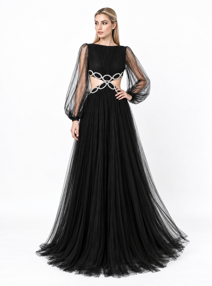 Embellished Cutout Tulle Maxi Dress - Noirelle