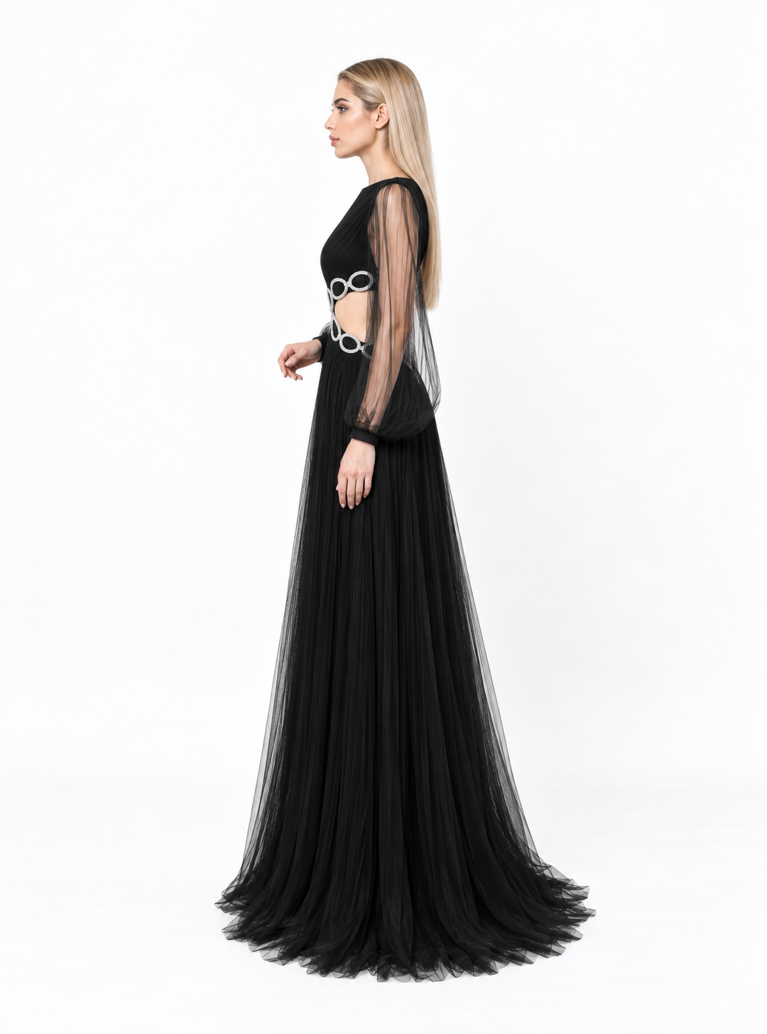 Embellished Cutout Tulle Maxi Dress - Noirelle