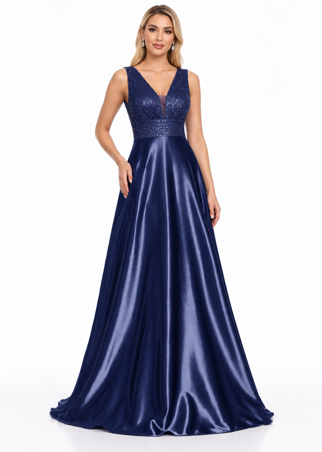 Embellished V-Neck Satin A-Line Maxi Dress - Belladonna